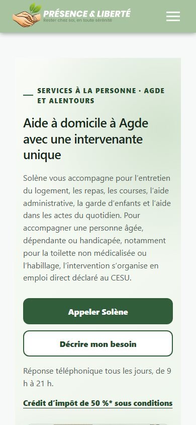 Page d’accueil mobile actuelle de Présence & Liberté