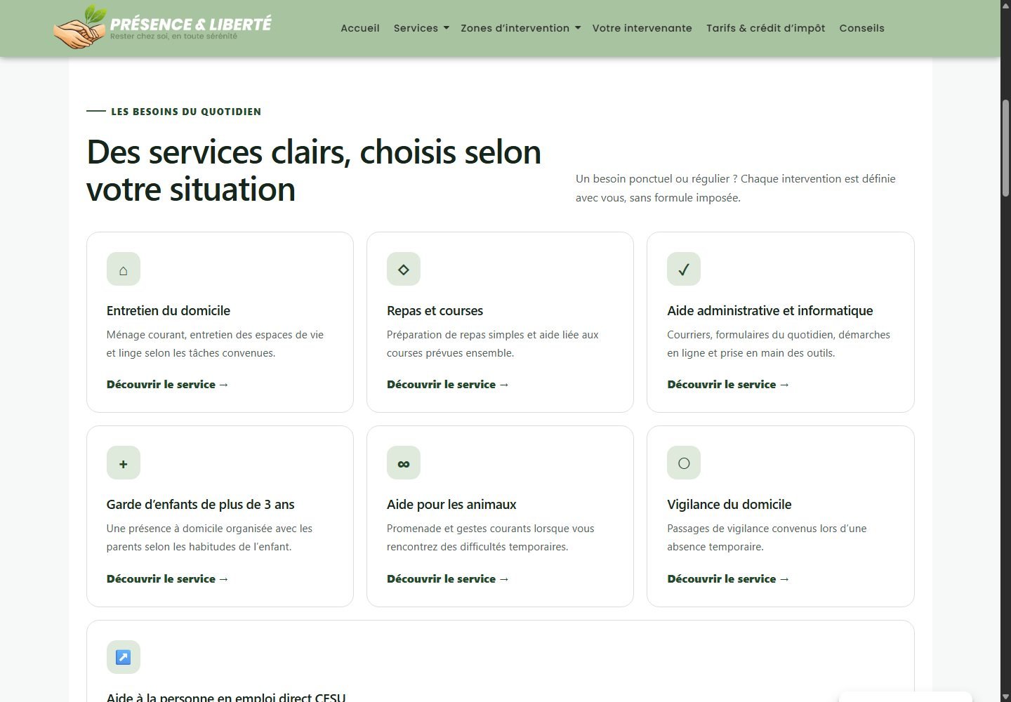 Section des services du site Présence & Liberté avec six besoins du quotidien