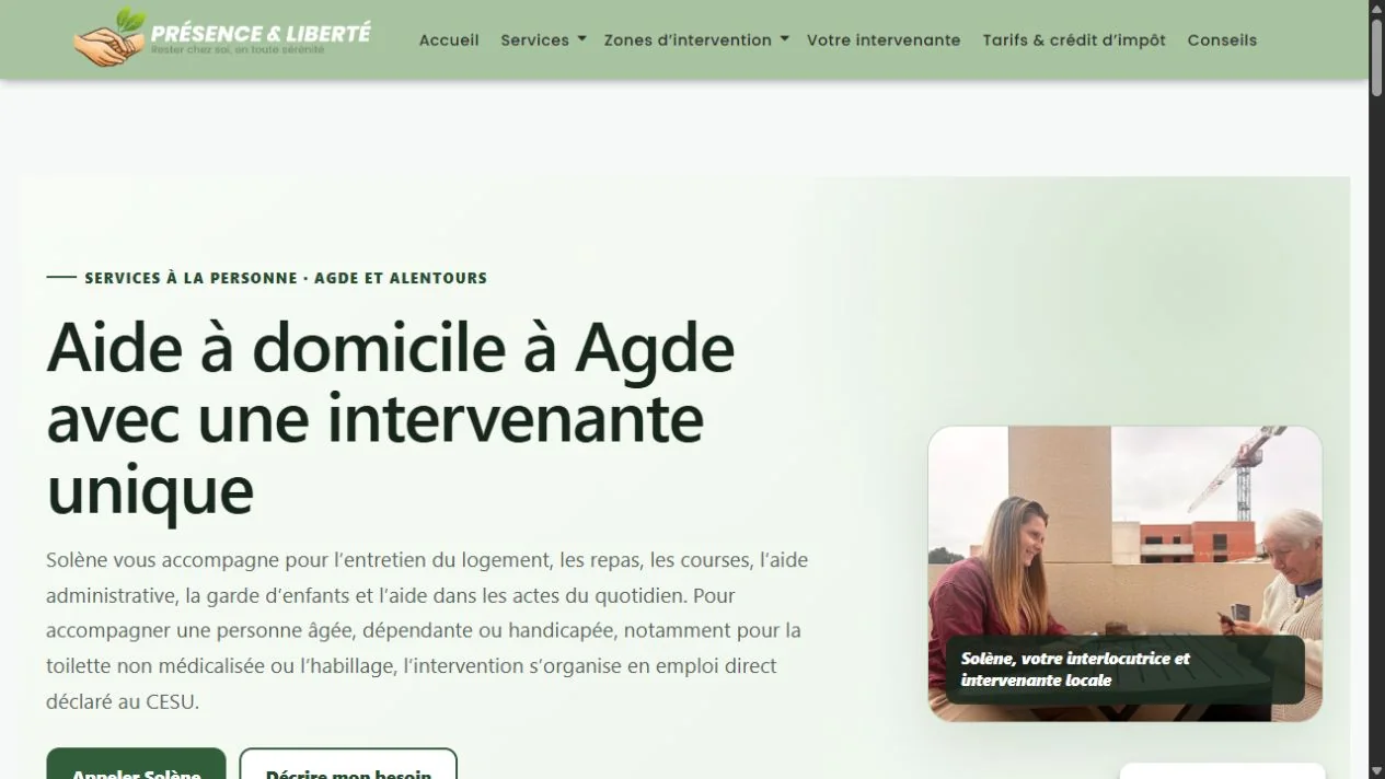 Site Présence & Liberté, services à la personne autour d’Agde